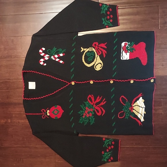 Style Studio Black Red Metallic Gold Button Up Christmas Sweater Size L - Picture 4 of 8